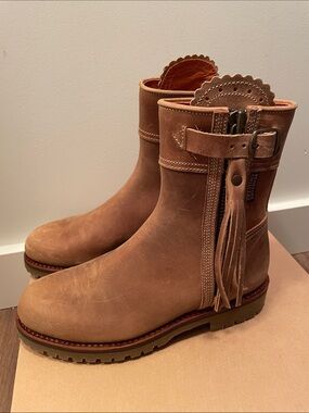 Penelope Chilvers Cropped Tassel Boot. 100% leather, colour “Biscuit”